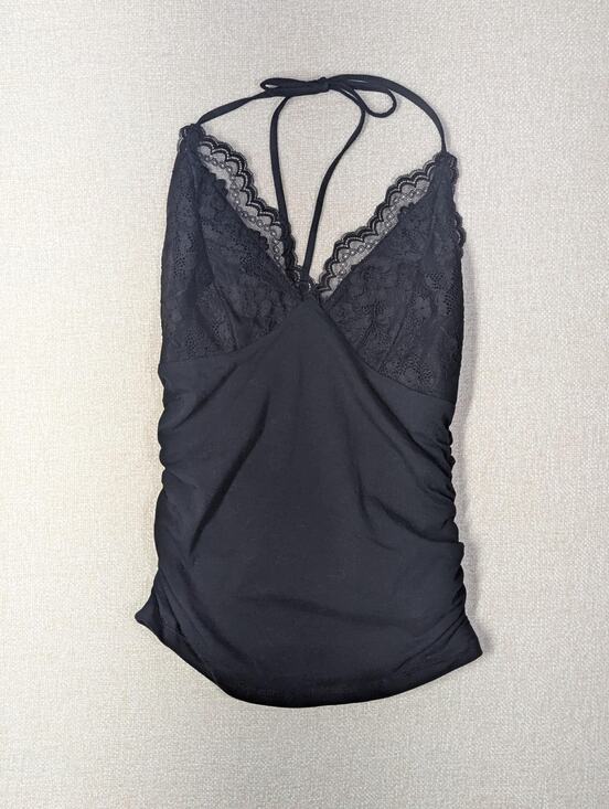 None and/or Unknown Tops - Soft Goth Lace Halter Cami | Black Ruched Y2K Clubwear Top
